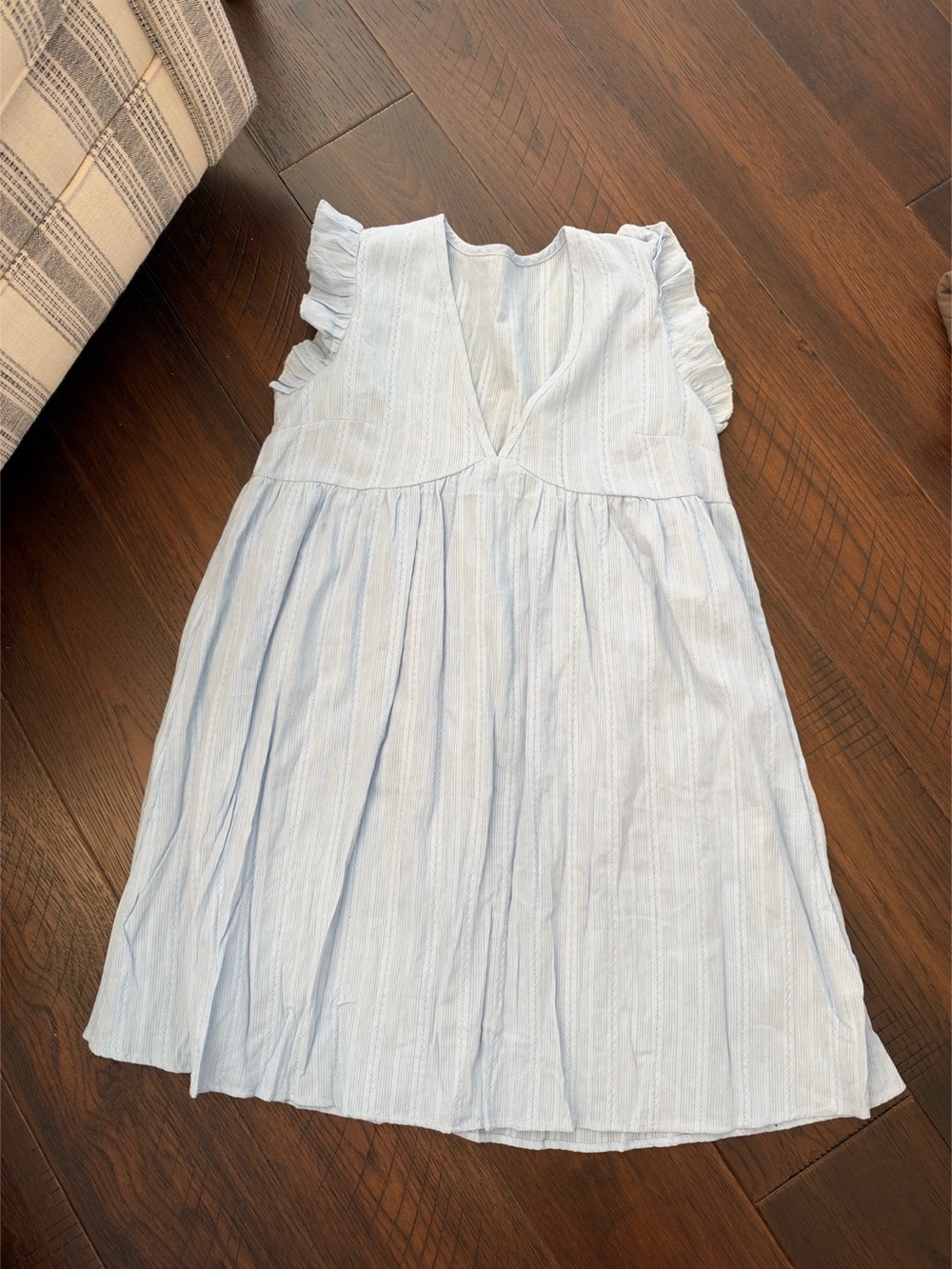 Flutter-Sleeve Striped Mini Swing Dress dusty blue